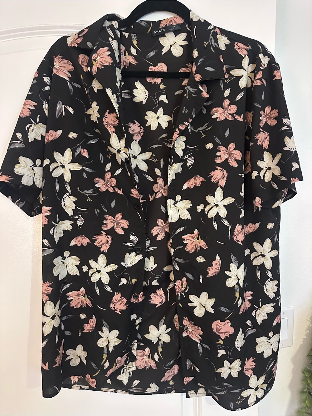 SHEIN Black Short-Sleeve Button-Down Shirt with Pink & Cream Floral Print